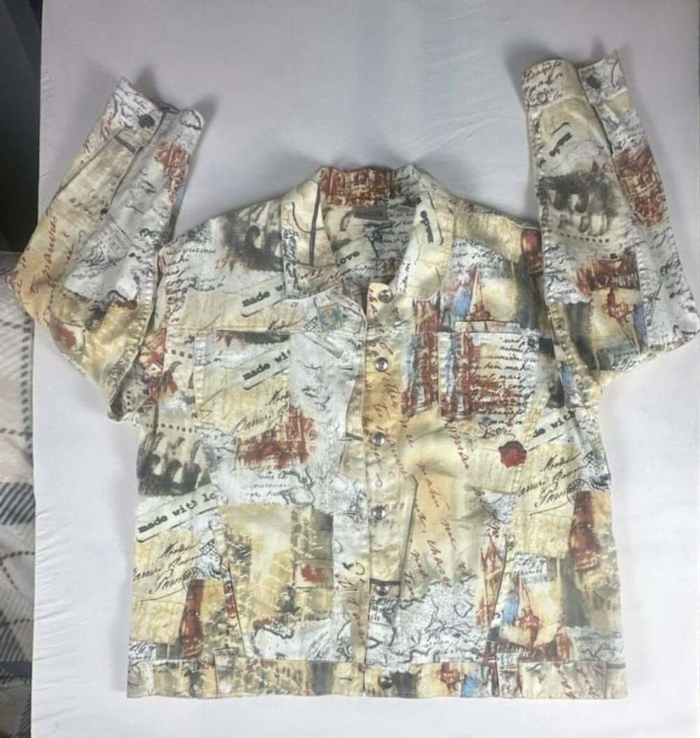 Chico's Size 2 Travel Jacket France City Postcard Print Linen Cotton#1076